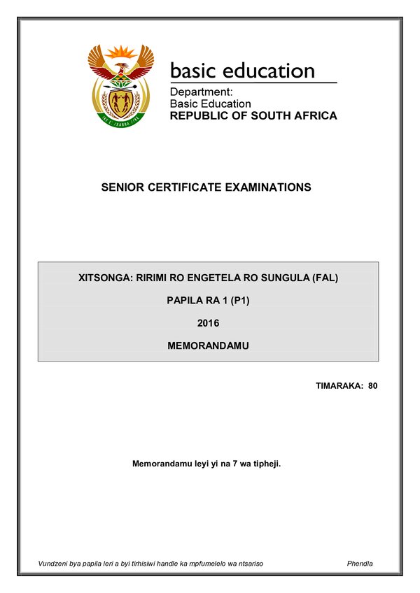 Grade 12 Xitsonga past paper 2016 – Xitsonga FAL P1 Memo gr12