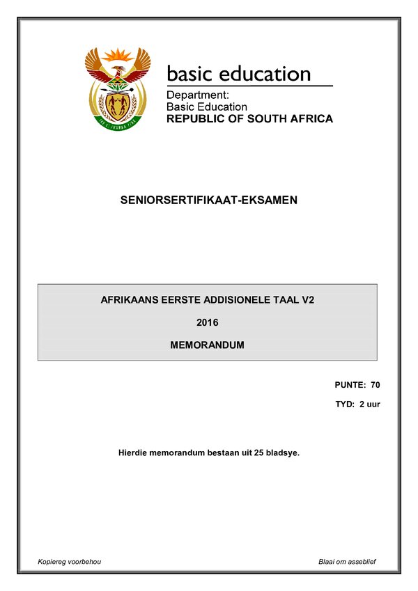 Grade 12 Afrikaans past paper 2016 – Afrikaans FAL P2 memo gr12