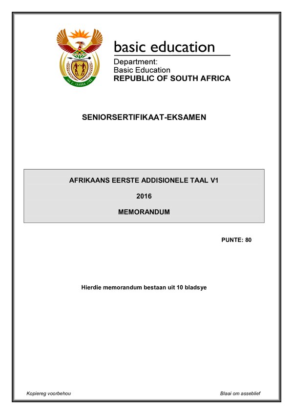 Afrikaans Fal P1 Memo Gr12