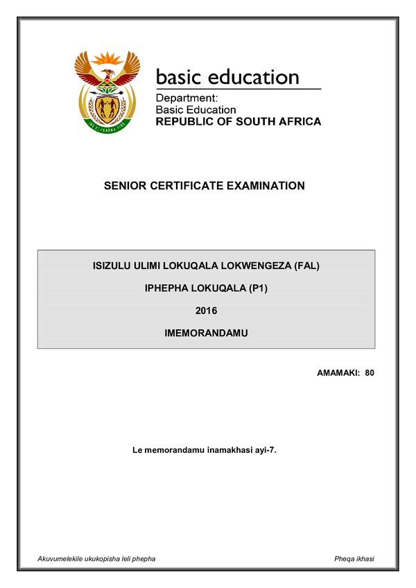 Grade 12 isiZulu past paper 2016 – IsiZulu FAL P1 memo gr12