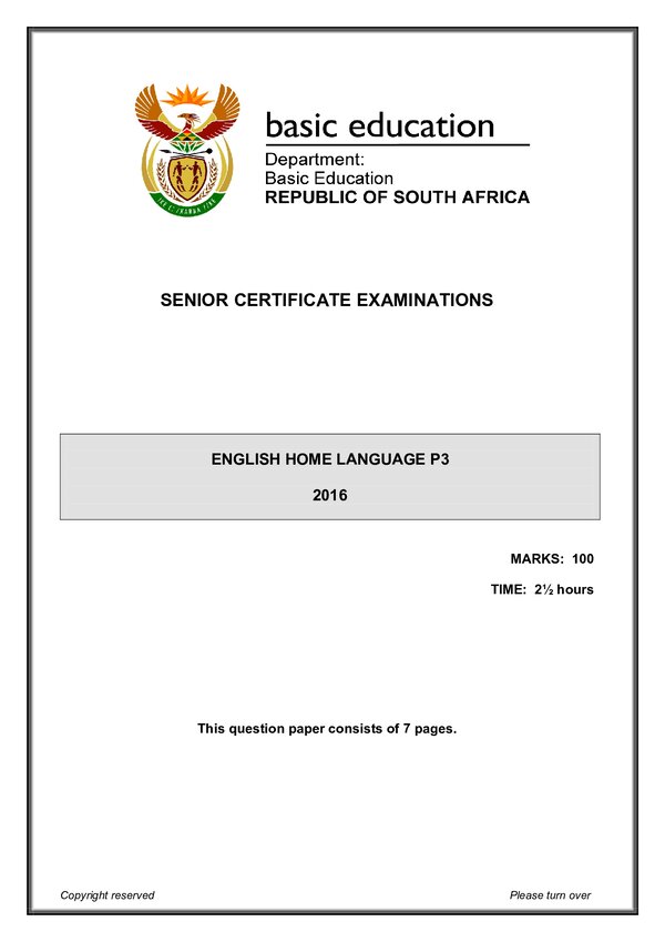 Grade 12 English past paper 2016 – English HL P3 gr12