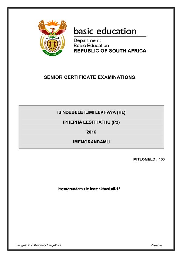 Grade 12 isiNdebele past paper 2016 – IsiNdebele HL P3 memo gr12