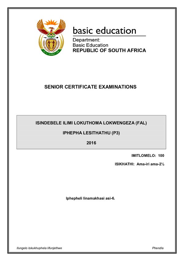 Grade 12 isiNdebele past paper 2016 – IsiNdebele FAL P3 gr12