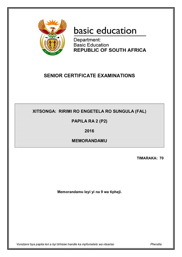 Grade 12 Xitsonga past paper 2016 – Xitsonga FAL P2 Memo gr12