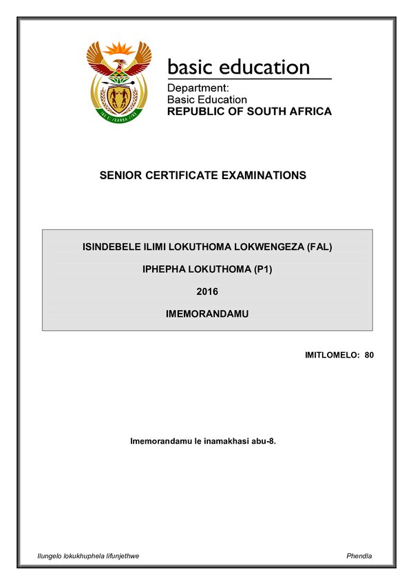 Isindebele Fal P1 Memo Gr12