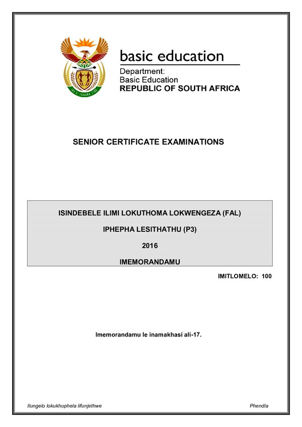 Isindebele Fal P3 Memo Gr12