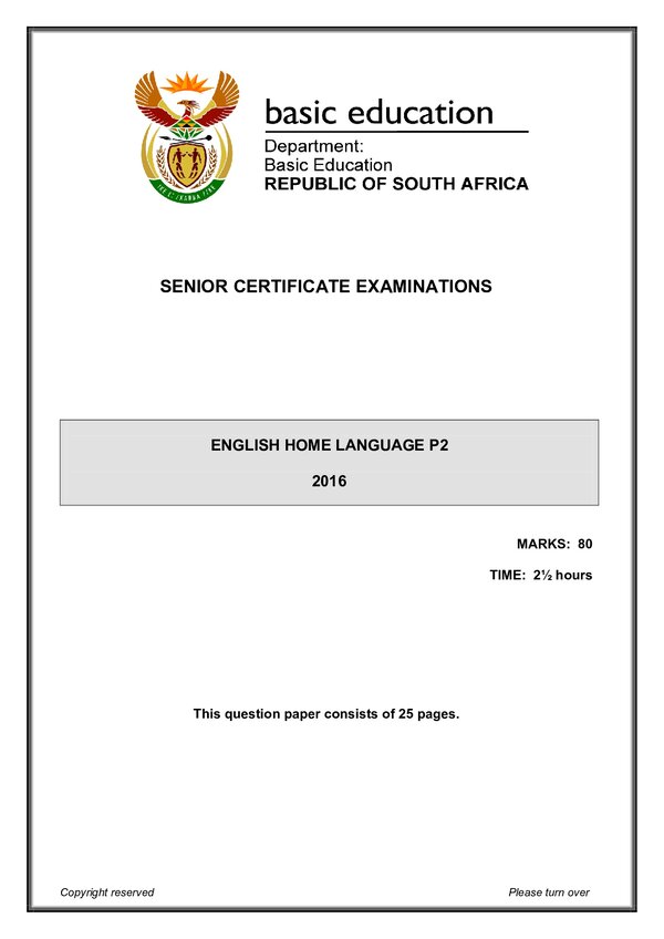 Grade 12 English past paper 2016 – English HL P2 gr12