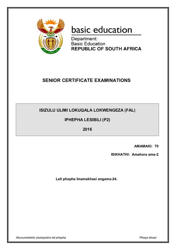 Grade 12 isiZulu past paper 2016 – IsiZulu FAL P2 gr12