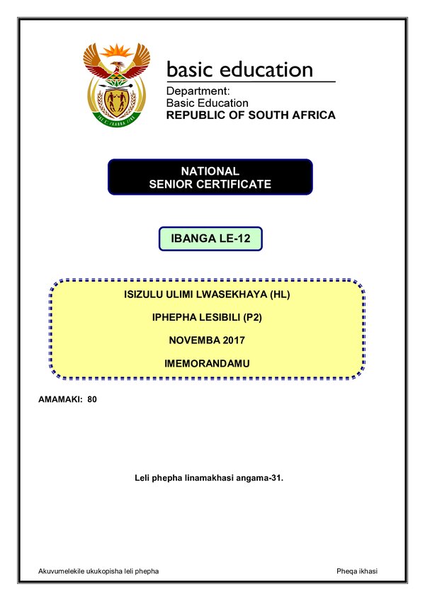 Grade 12 isiZulu past paper 2017 – IsiZulu HL P2 memo