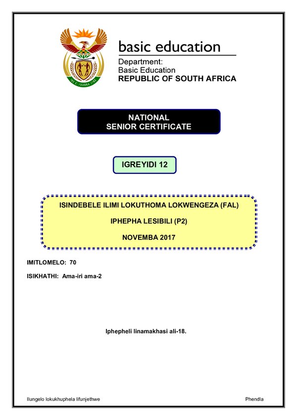 Grade 12 isiNdebele past paper 2017 – IsiNdebele FAL P2