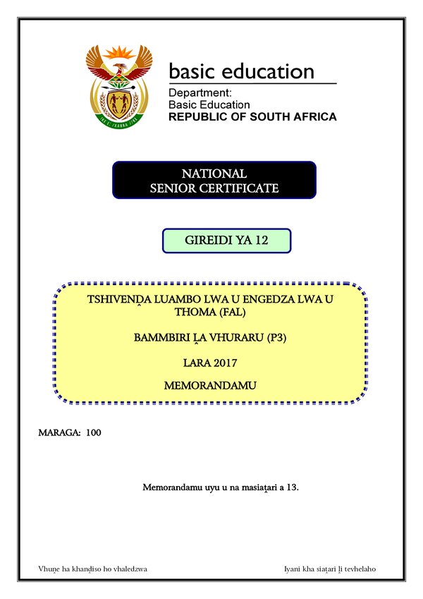 Tshivenda Fal P3 Memo