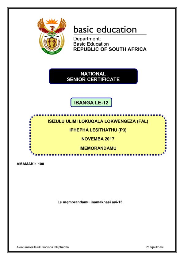 Isizulu Fal P3 Memo