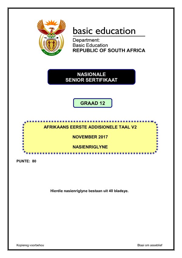Grade 12 Afrikaans past paper 2017 – Afrikaans FAL P2 memo