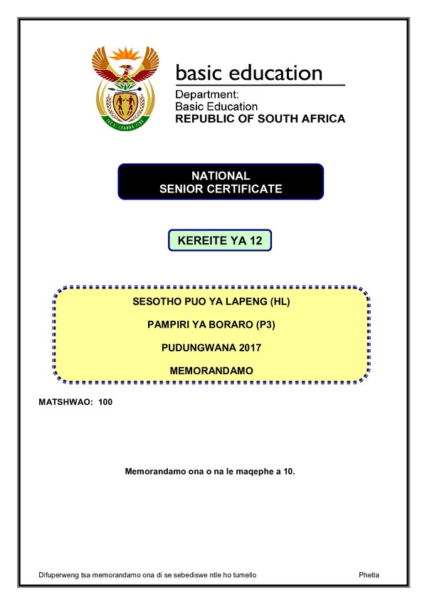 Setswana Hl P3 Memo