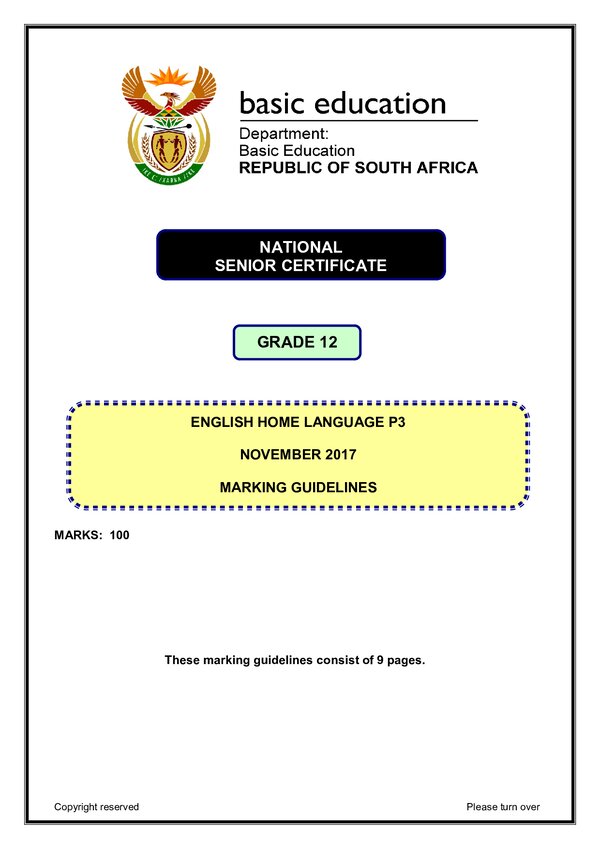 Grade 12 English past paper 2017 – English HL P3 memo