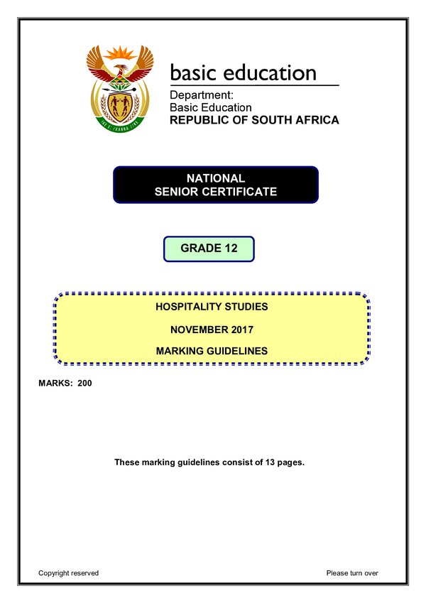 Grade 12 English past paper 2017 – Hospitality Studies Memo 1 (English)