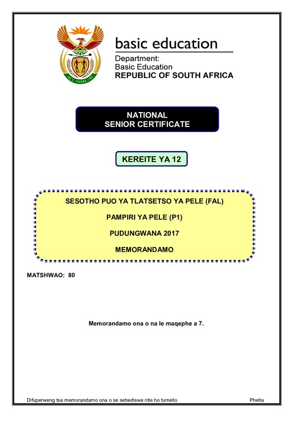 Sesotho Fal P1 Memo