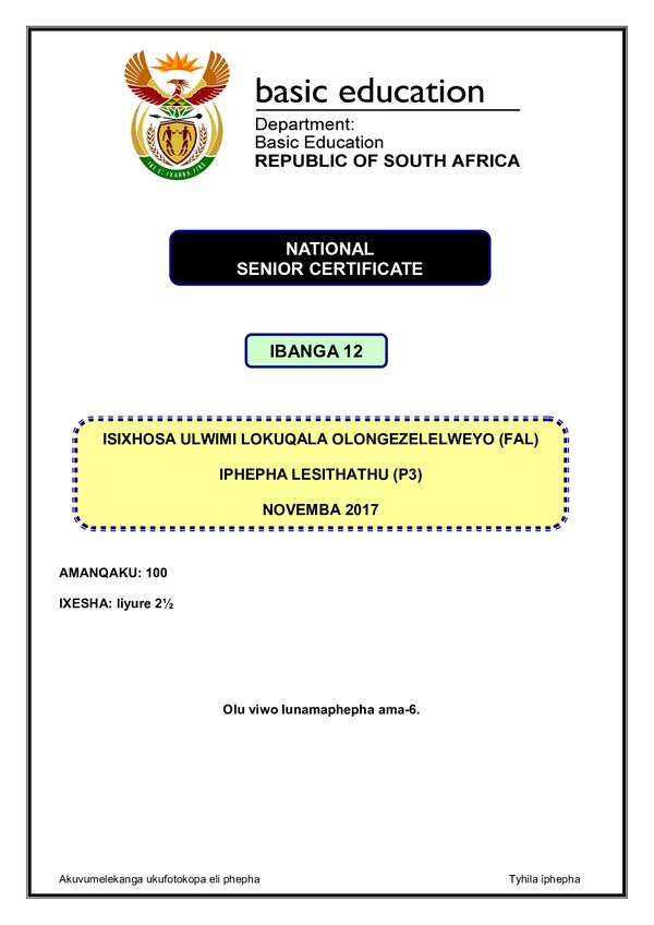 Grade 12 isiXhosa past paper 2017 – IsiXhosa FAL P3