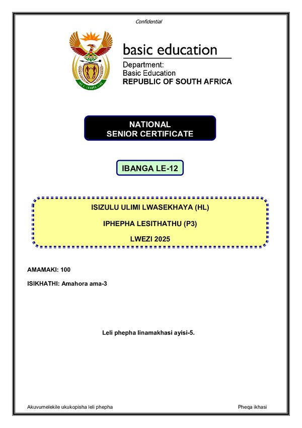 Grade 12 isiZulu past paper 2025 – IsiZulu HL P3
