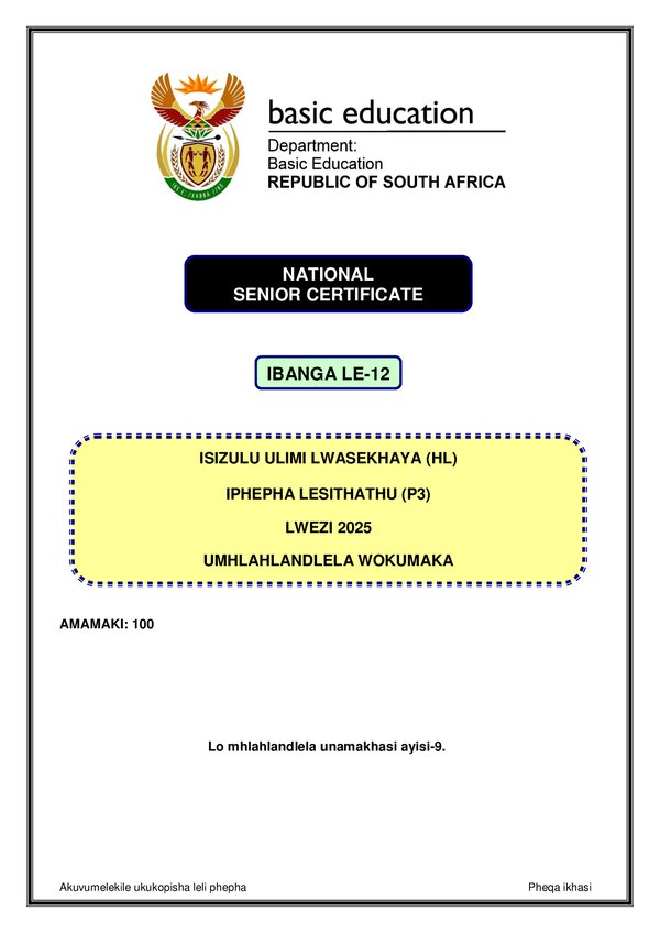Grade 12 isiZulu past paper 2025 – IsiZulu HL P3 Memo