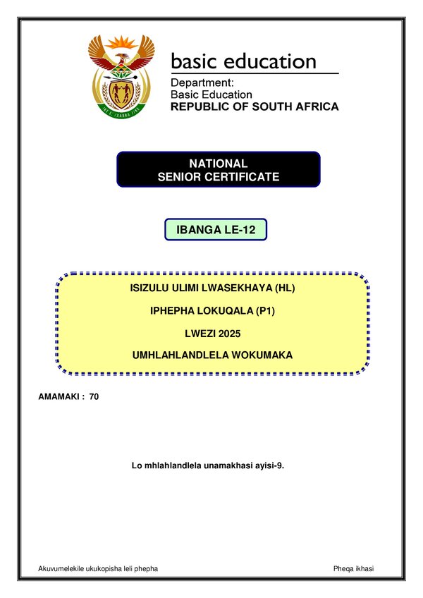Grade 12 isiZulu past paper 2025 – IsiZulu HL P1 Memo