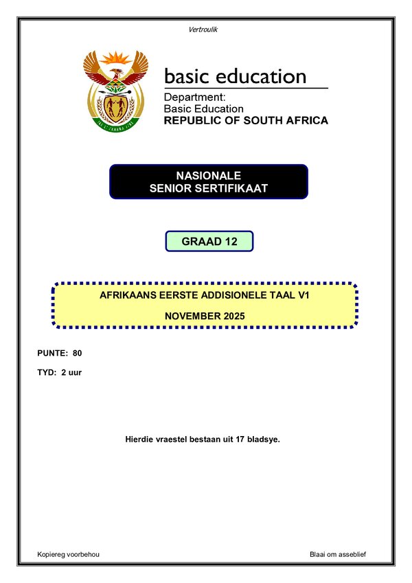 Grade 12 Afrikaans past paper 2019 – Afrikaans FAL P1