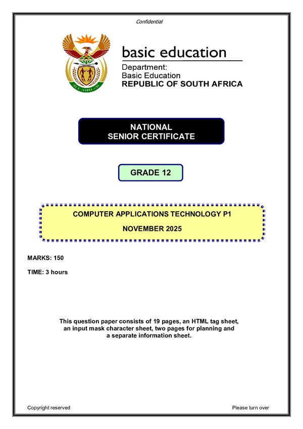Grade 12 English past paper 2025 – Computer Application Technology Paper 1 (English)