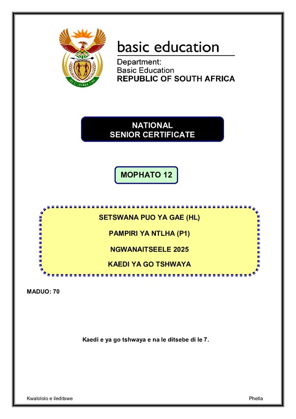 Setswana Hl P1 Memo