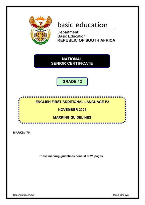 Grade 12 English past paper 2025 – English FAL P2 memo