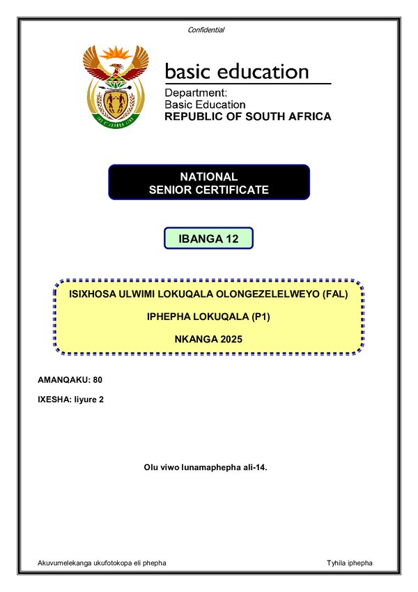Grade 12 isiXhosa past paper 2025 – IsiXhosa FAL P1