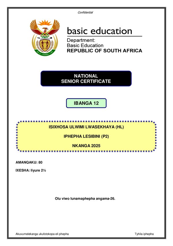 Grade 12 isiXhosa past paper 2025 – IsiXhosa HL P2