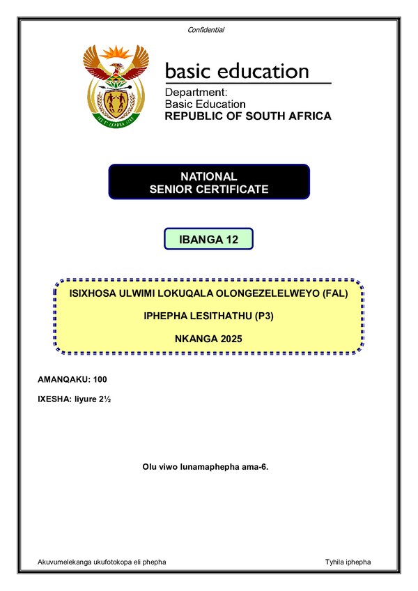 Grade 12 isiXhosa past paper 2025 – IsiXhosa FAL P3