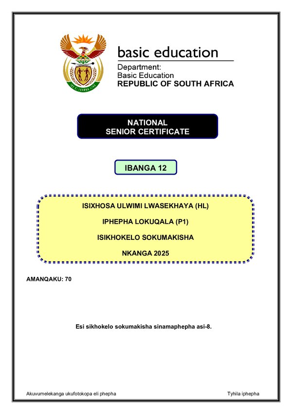 Isixhosa Hl P1 Memo