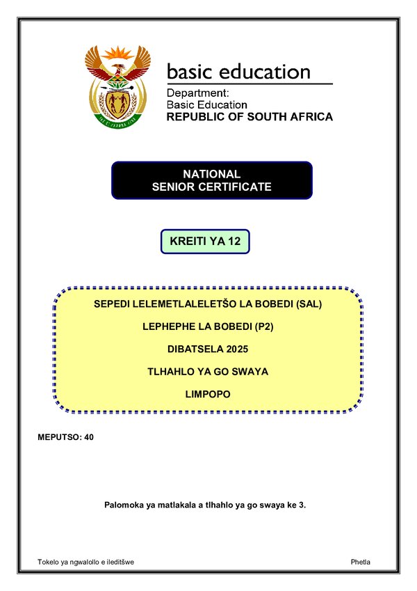 Grade 12 Sepedi past paper 2025 – Sepedi SAL P2 Limpopo memo