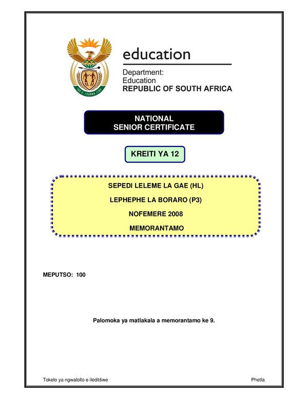 Grade 12 Sepedi past paper 2008 – Sepedi HL P3 rubric