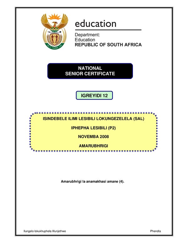 Grade 12 isiNdebele past paper 2008 – Isindebele SAL P2 memo