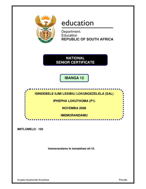 Isindebele Sal P1 (Gauteng) Memo