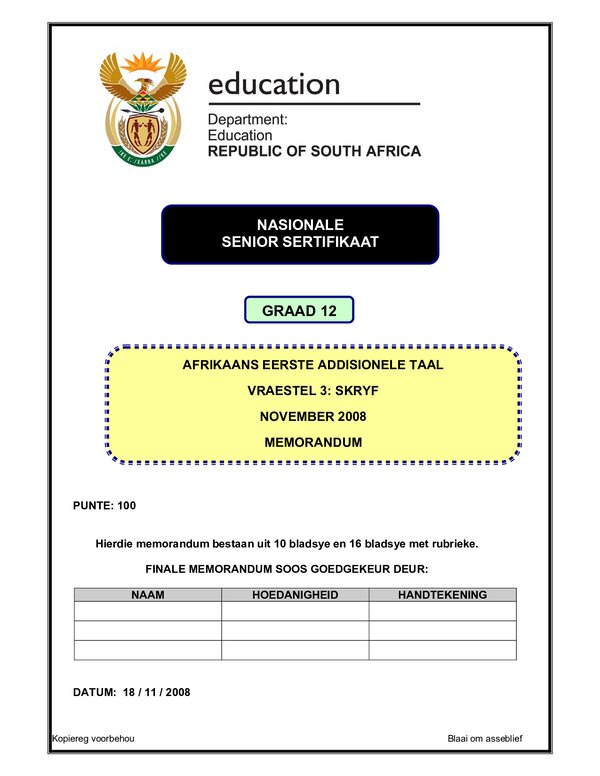 Grade 12 Afrikaans past paper 2008 – Afrikaans FAL P3 memo