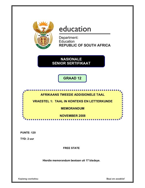Grade 12 Afrikaans past paper 2004 – Afrikaans SAL P1 (Free State) memo