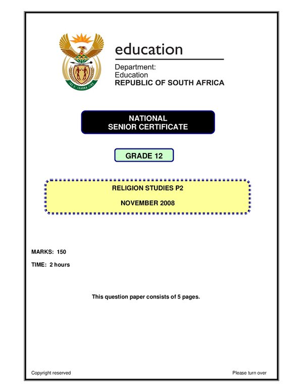 Grade 12 English past paper 2008 – Religious Studies P2 English