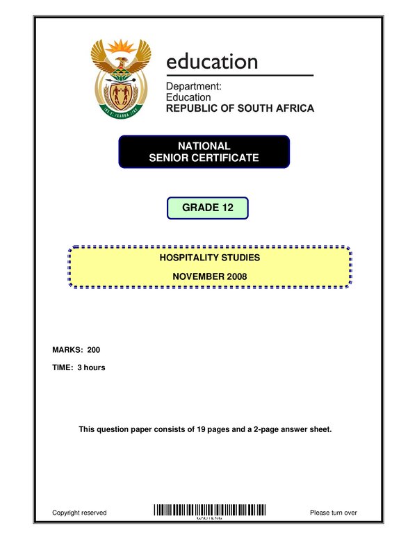 Grade 12 English past paper 2008 – Hospitality Studies P1 English
