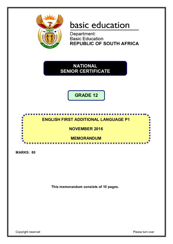 Grade 12 English past paper 2016 – English FAL P1 memo