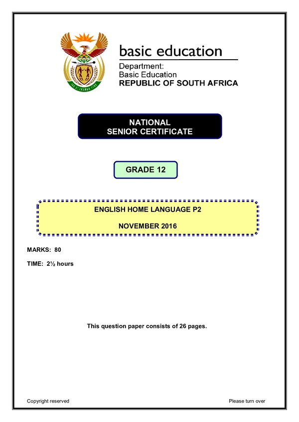 Grade 12 English past paper 2016 – English HL P2