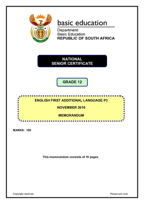 Grade 12 English past paper 2016 – English FAL P3 memo