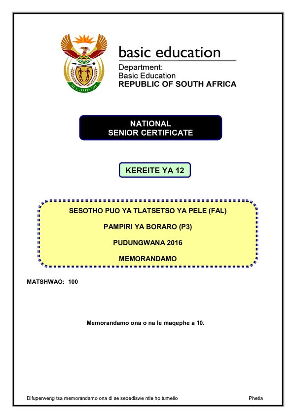 Sesotho Fal P3 Memo