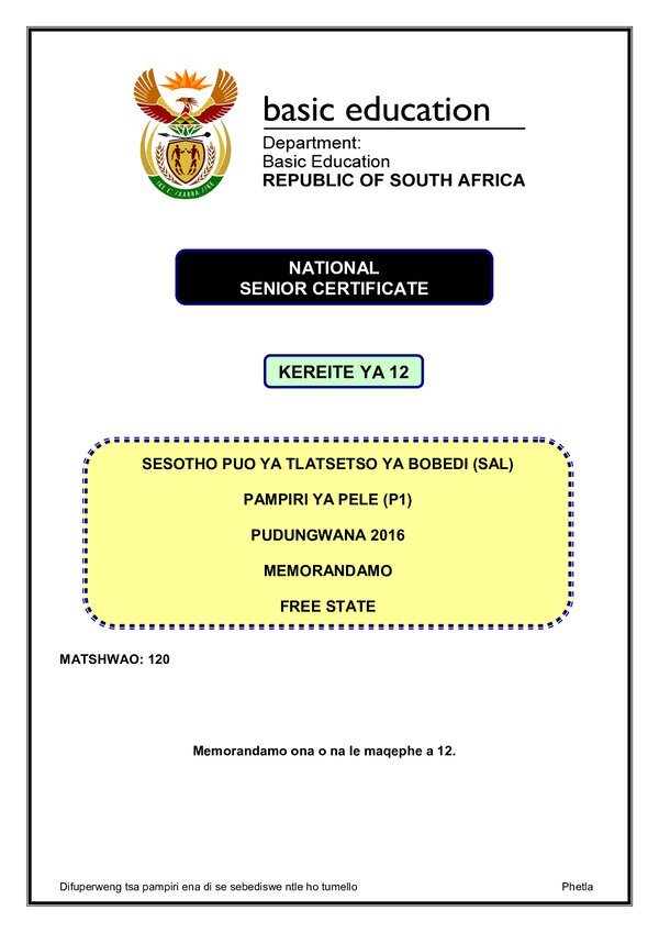 Sesotho Sal P1 Free State Memo