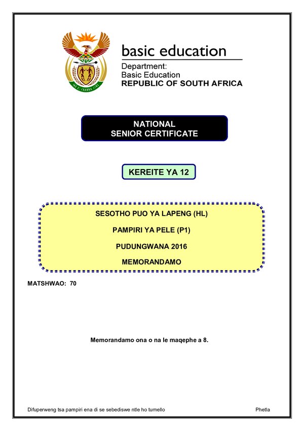 Sesotho Hl P1 Memo