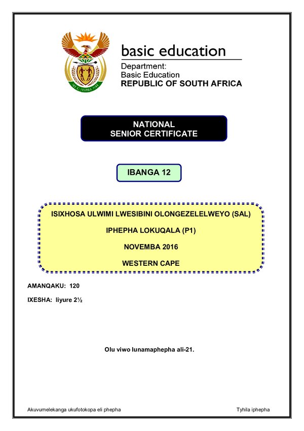 Grade 12 isiXhosa past paper 2015 – IsiXhosa SAL P1 Western Cape