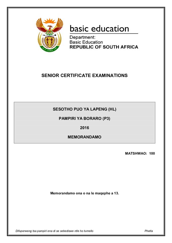 Sesotho Hl P3 Memo