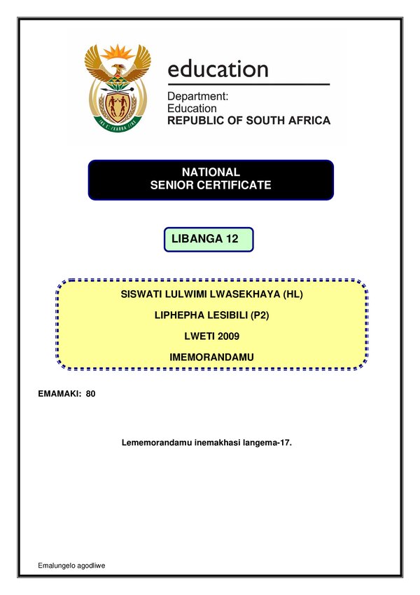 Grade 12 Siswati past paper 2009 – Siswati HL P2 memo